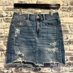 American Eagle Blue Distressed Mini Denim Skirt
